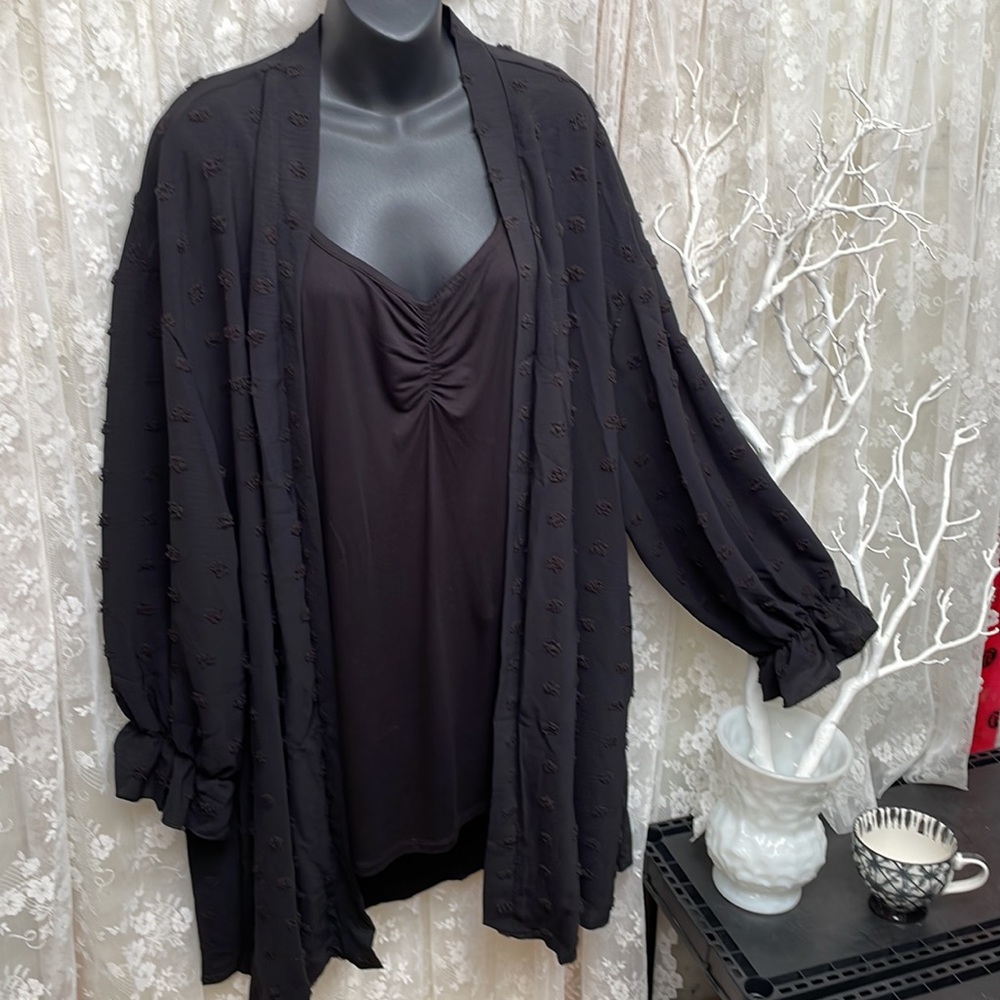 Deep Black Sheer Swiss Dot Kimono Cardigan Blouse - Picture 2 of 9